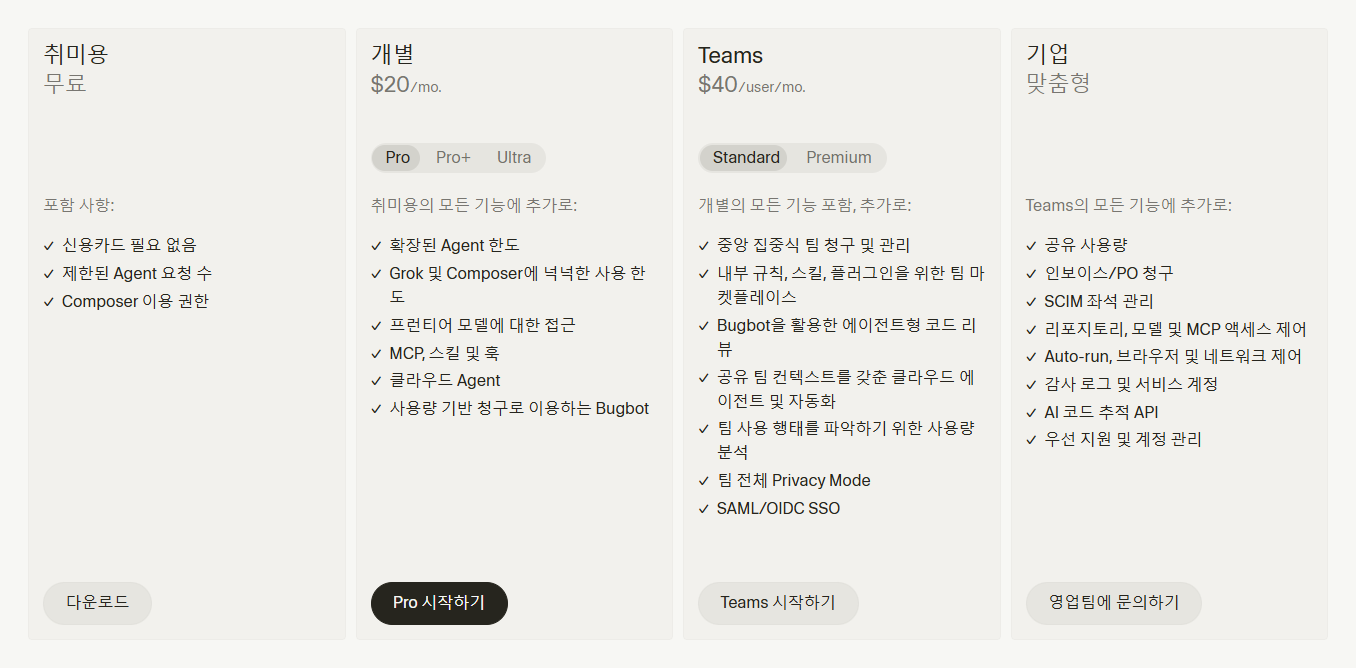 Cursor 공식 요금제 페이지 — 취미용 무료, 개별 20달러, Teams 40달러