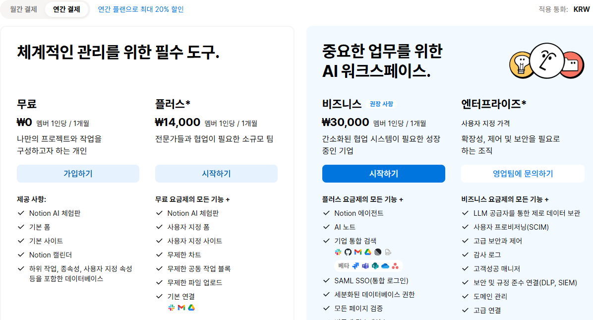 노션 무료 플러스 비즈니스 엔터프라이즈 요금제 카드 공식 페이지 캡처